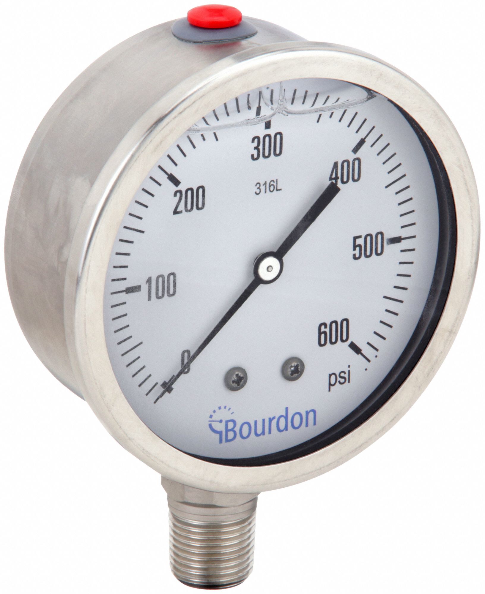 Industrial Pressure Gauge: 0 psi / Hg to 600 psi, 4 in Dial, 1/2 in NPT Male, Bottom, MEX5