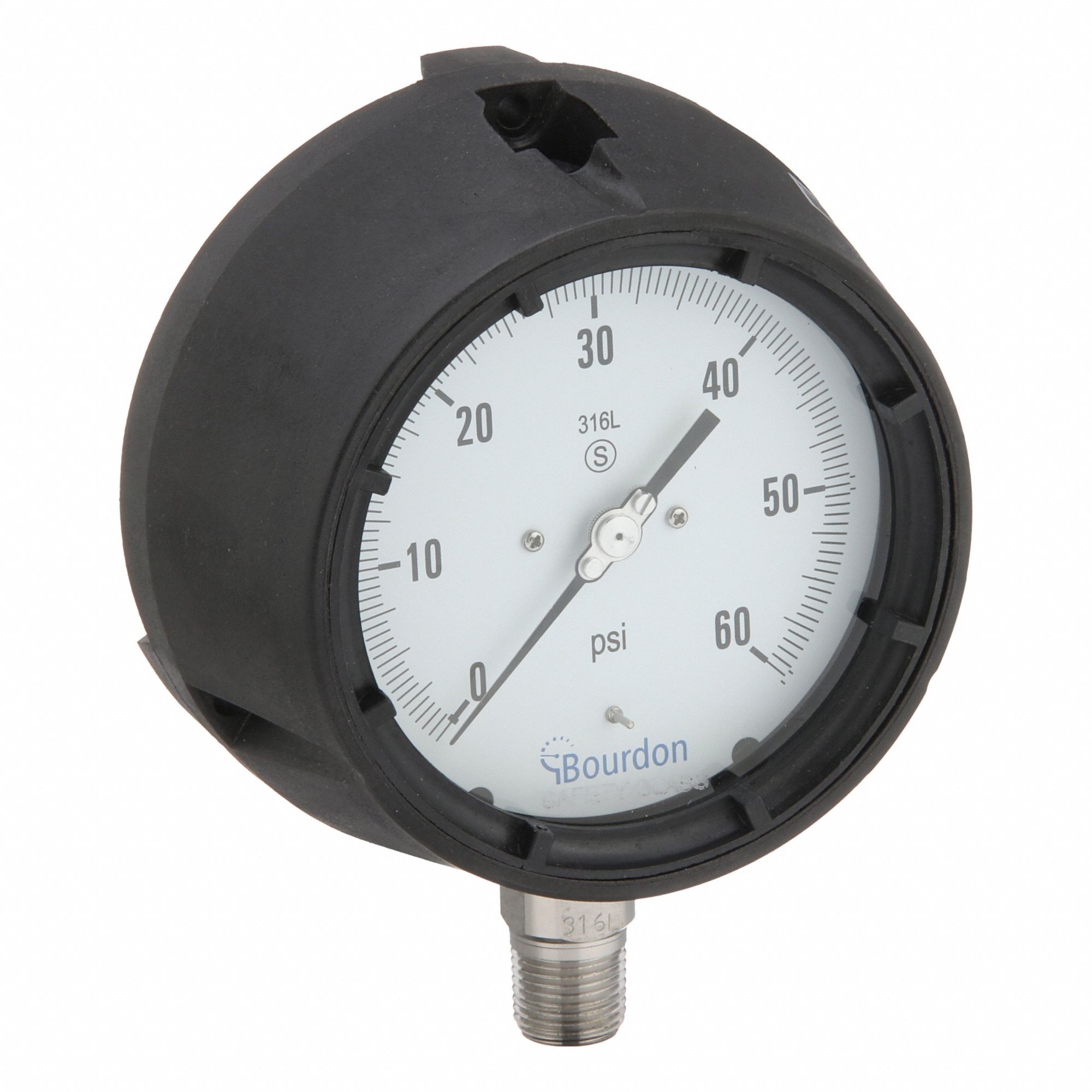 Panel-Mount Pressure Gauge: 0 psi to 60 psi, White, 4 1/2 in Dial, 1/2 in NPT Male, Bottom