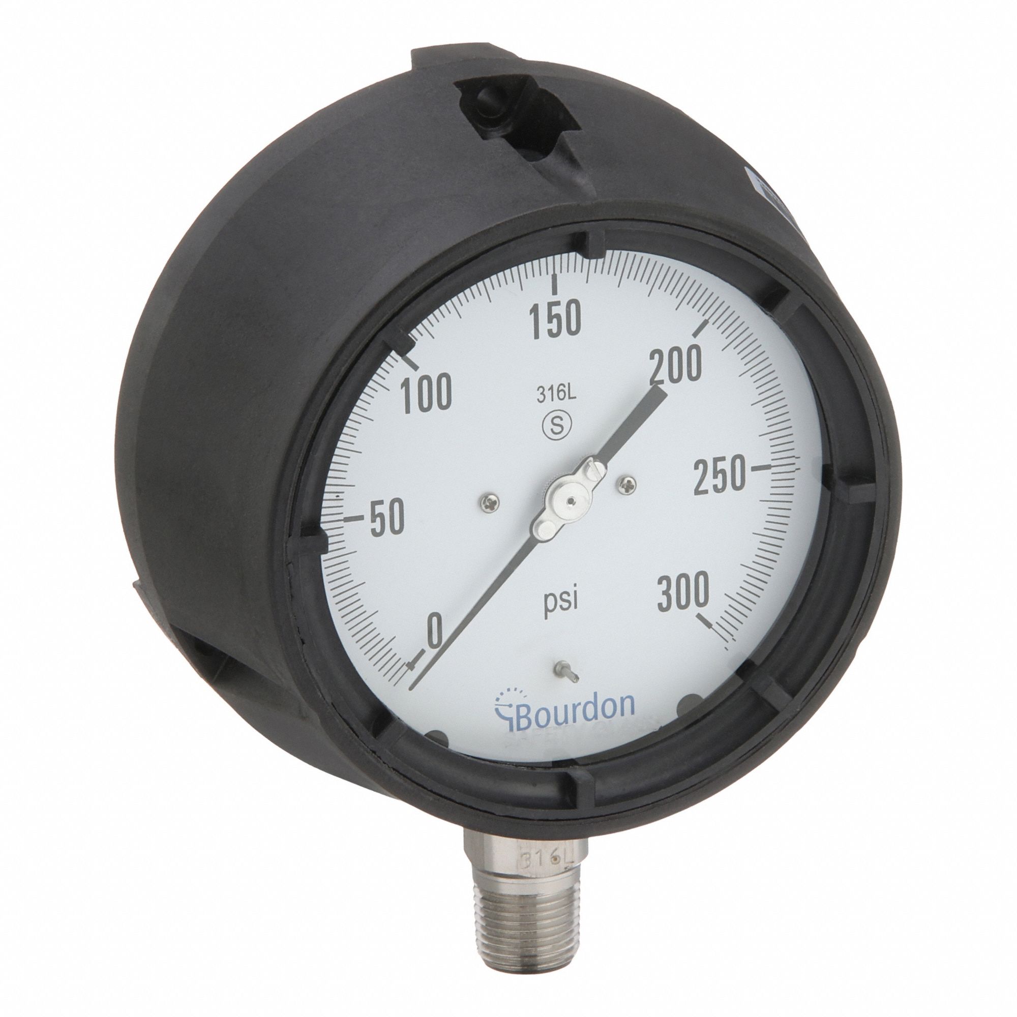 Panel-Mount Pressure Gauge: 0 psi to 300 psi, White, 4 1/2 in Dial, 1/2 in NPT Male, Bottom