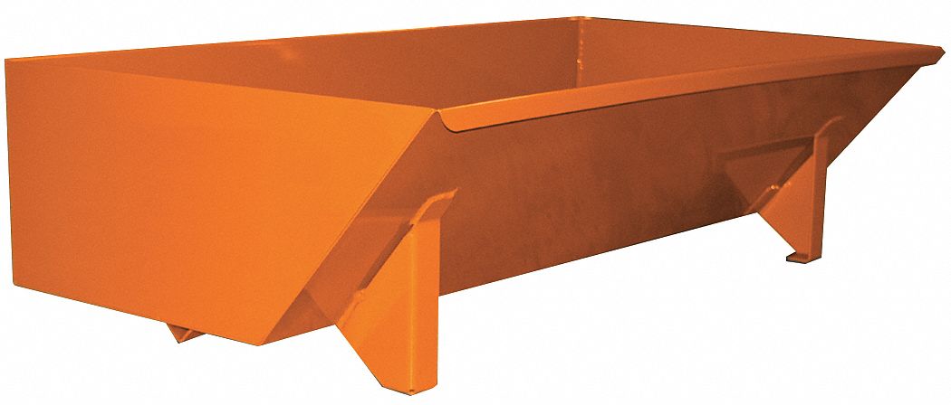 Self Dumping Hopper: Low Profile Hopper, Steel, Casters Not Included, Lever, Orange