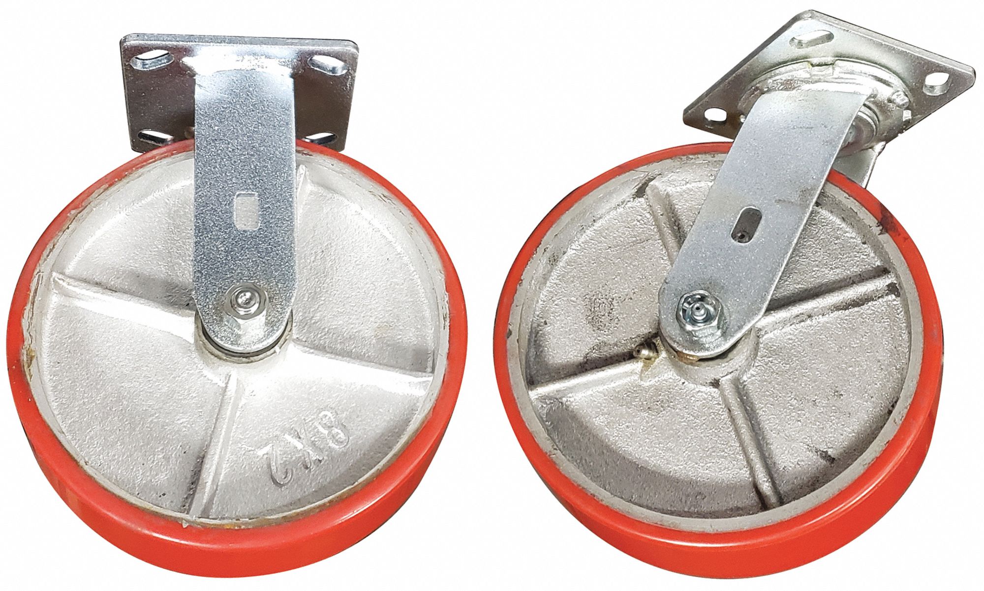 Plate Casters: Rigid/Swivel, Side Brake, Polyurethane, 8 in Wheel Dia, Hole, 4 PK