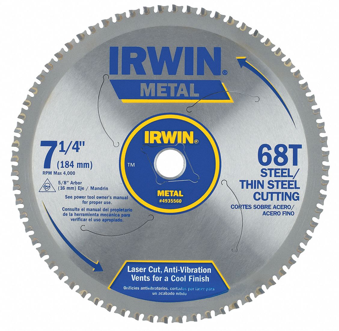 CIRCULAR SAW BLADE, CARBIDE, 7¼ IN DIA, 68, ⅝ IN, 4000 RPM, MATB, FOR STEEL/IRON