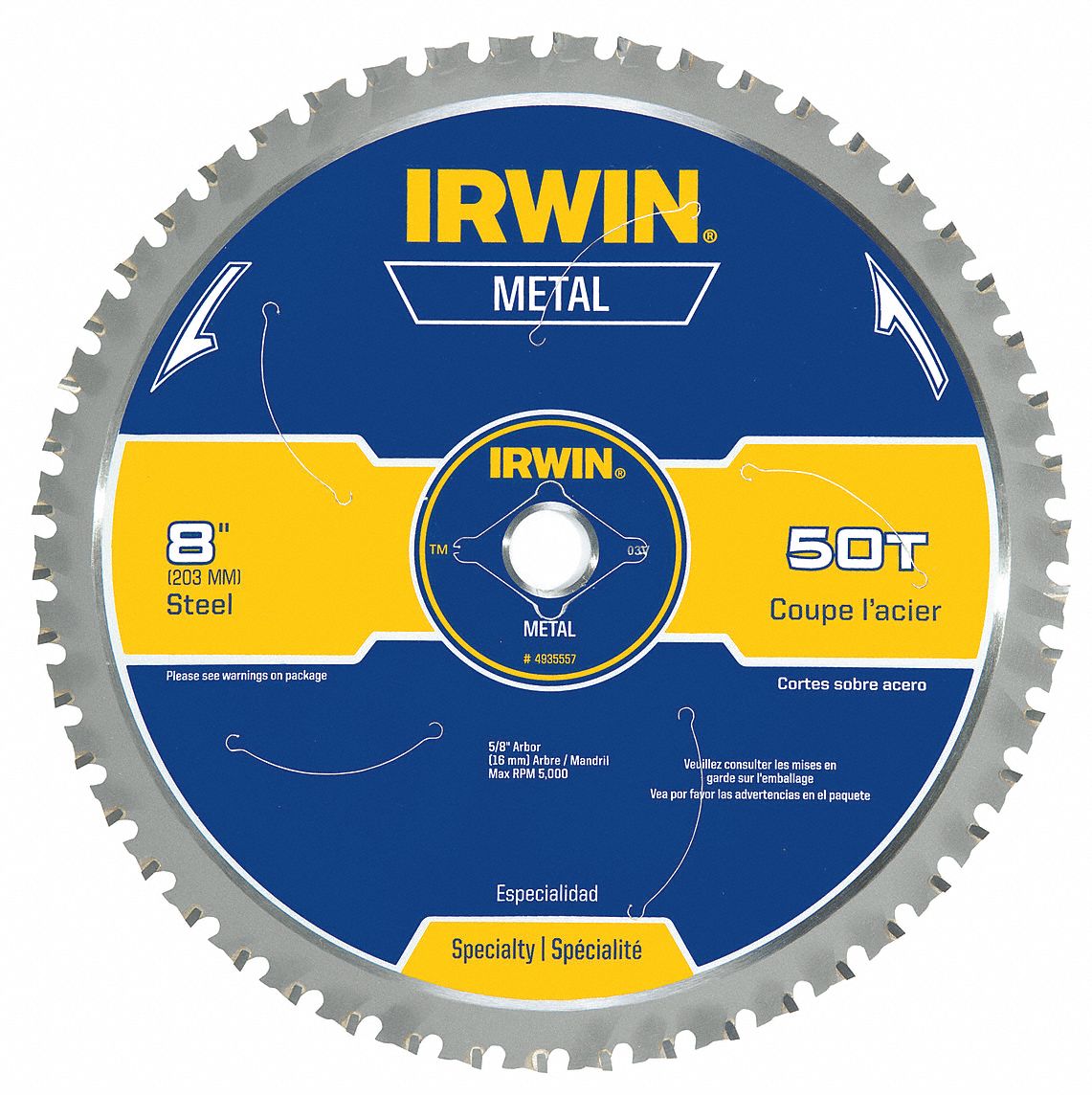 CIRCULAR SAW BLADE, CARBIDE, 8 IN DIA, 50, ⅝ IN, MATB, FOR STEEL/METAL/IRON