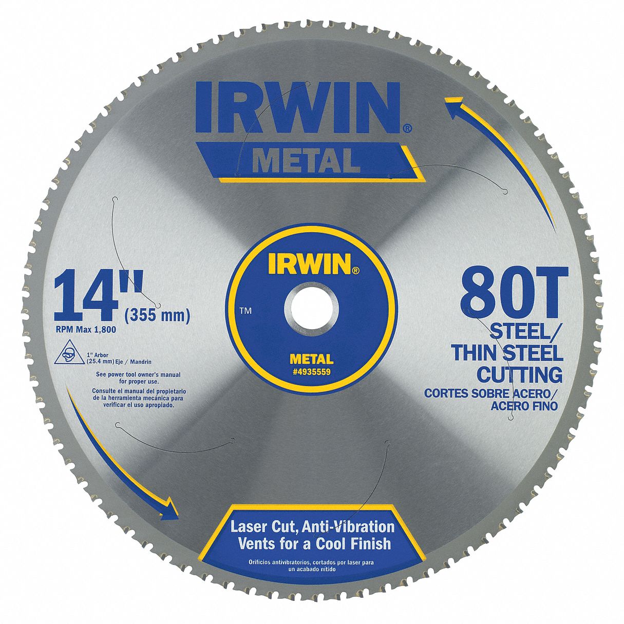 IRWIN CIRCULAR SAW BLADE, CARBIDE, 14 IN DIA, 80, IN, MATB, FOR STEEL/ METAL/IRON Circular Saw Blades IRW4935559 4935559 Grainger, Canada