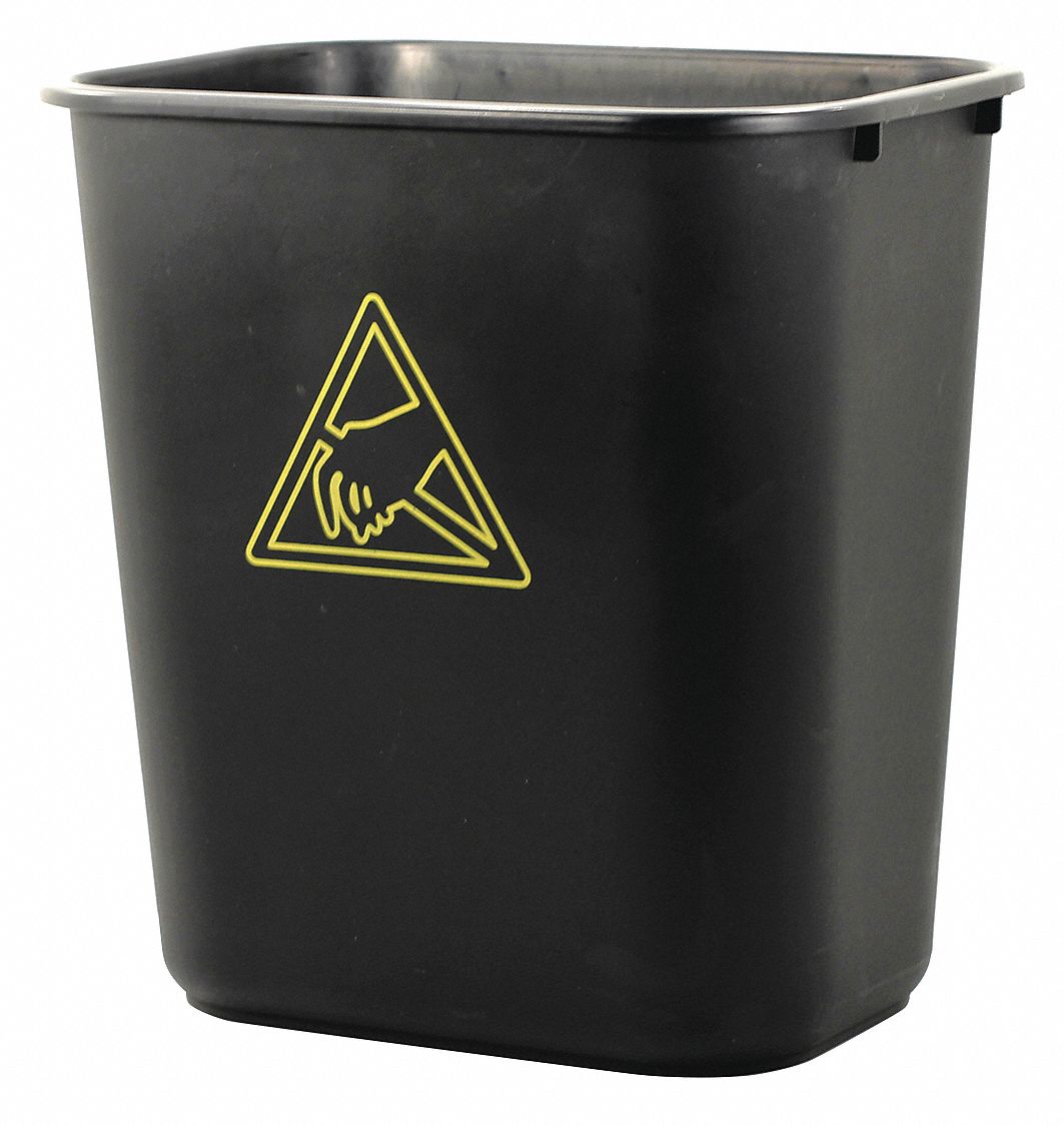 Trash Can: Rectangular, Black, 7 gal Capacity, 14 1/2 in Overall Wd, Heavy-Duty