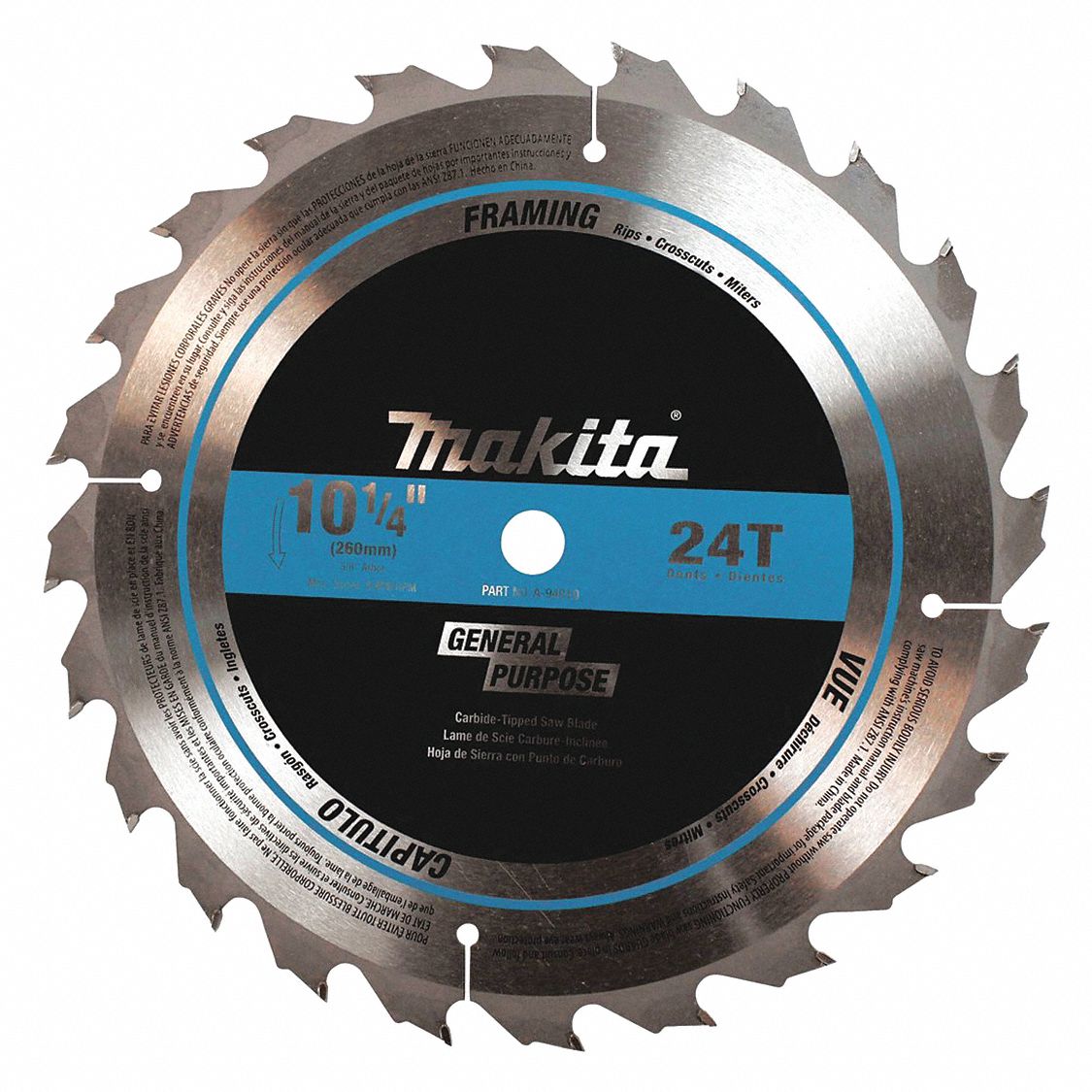 CIRCULAR SAW BLADE, CARBIDE, 10¼ IN DIA, 24, ⅝ IN, 5870 RPM, 20 ° , ATB, CROSS/RIP