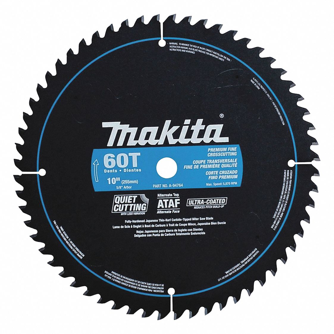 CIRCULAR SAW BLADE, CARBIDE, 10 IN DIA, 60, ⅝ IN, 5870 RPM, 5 ° , ATAF, MITRE/CROSS