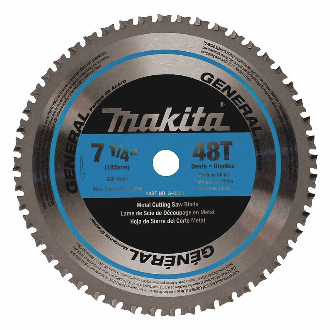 CIRCULAR SAW BLADE, CARBIDE, 7¼ IN DIA, 48, ⅝ IN ABOUR, 5800 RPM, 0 ° , TCG, METAL-CUTTING