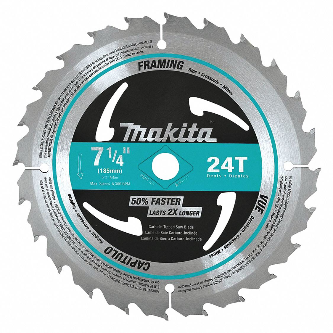 CIRCULAR SAW BLADE, CARBIDE, 7¼ IN DIA, 24, ⅝ IN, 8300 RPM, 15 ° , M, CROSS