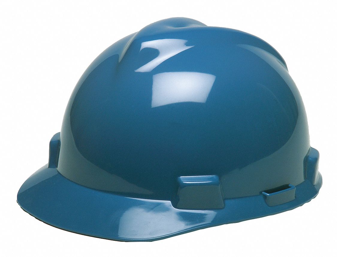 SLOTTED CAP, CSA, TYPE 1, CLASS E, PE, ONE-TOUCH, FRONT BRIM, BLUE, LB IRN LOGO