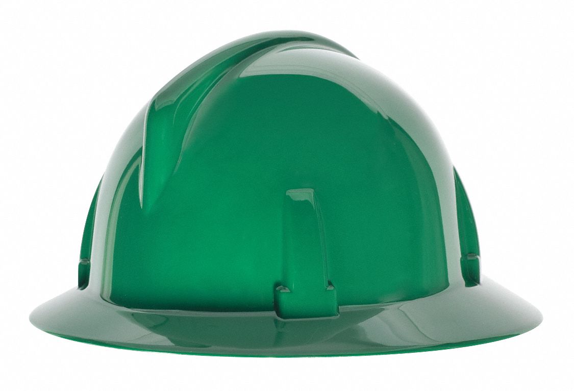 NON-SLOTTED HARD HAT, CSA, TYPE 1, CLASS E, PC, 4-PT FAS-TRAC III RATCHET, FULL BRIM, GREEN