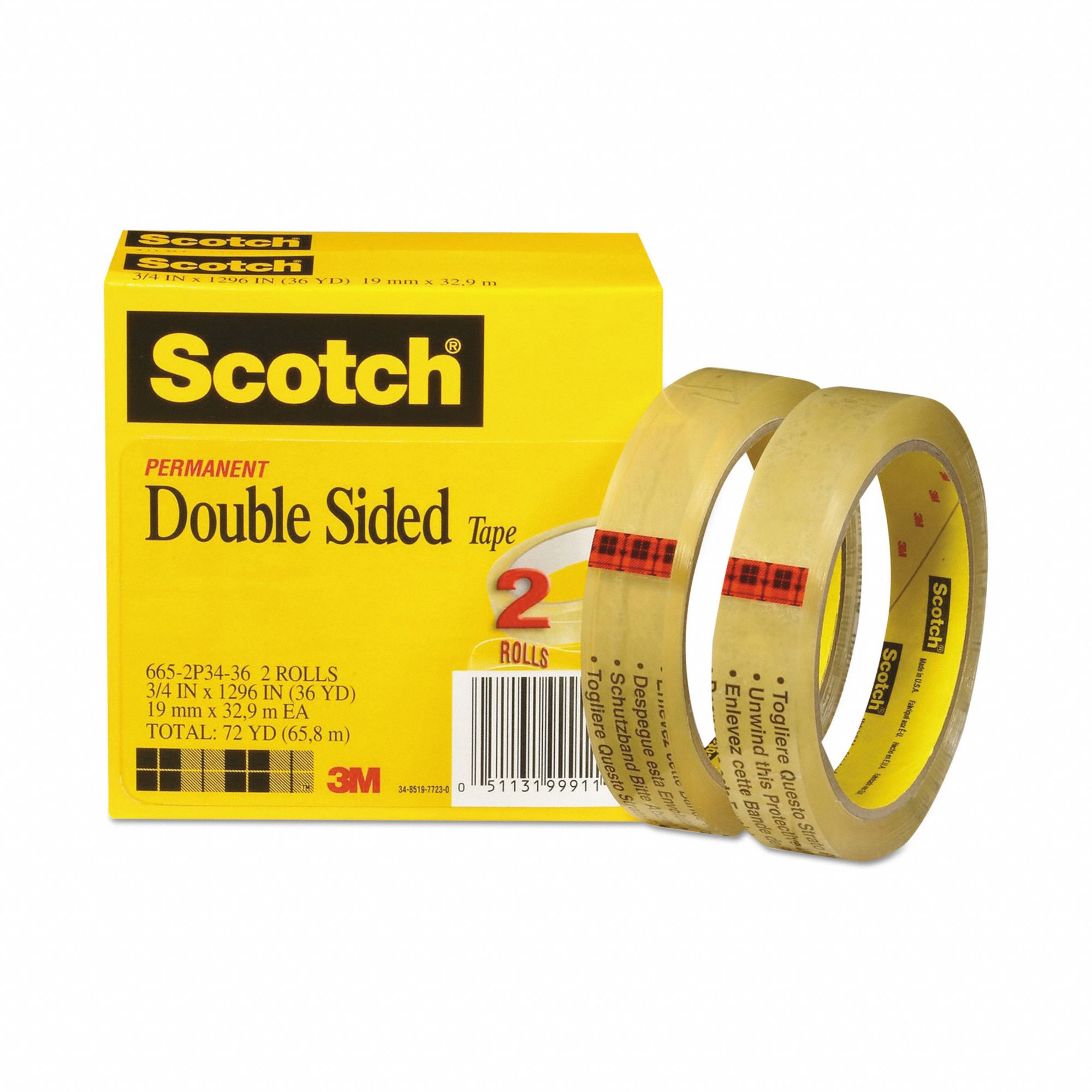 Double-Sided Office Tape: 3M™ Scotch™, 665, 3/4 in x 108 ft, 3 in Tape Core  Dia, Transparent, 2 PK