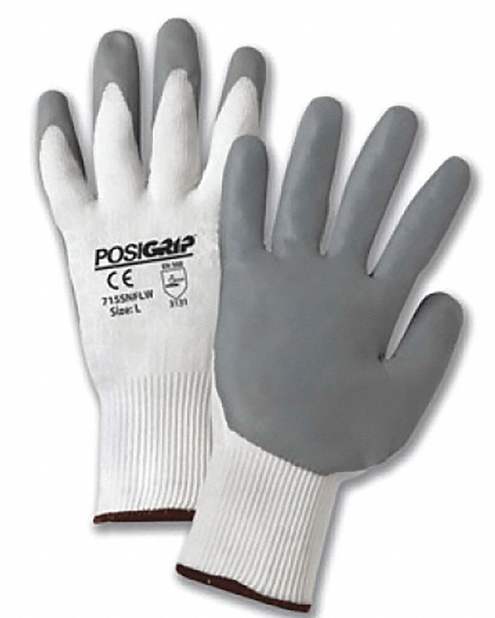 Coated Gloves: L ( 9 ), Sandy, Foam Nitrile, Palm, Dipped, ANSI Abrasion Level 3, White, 12 PK