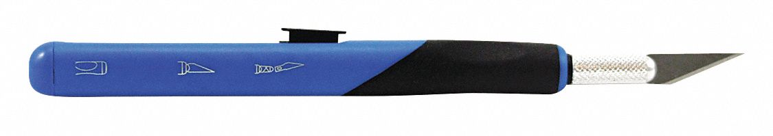 RETRACTABLE KNIFE, IONIZED STEEL, BLUE STRAIGHT HANDLE