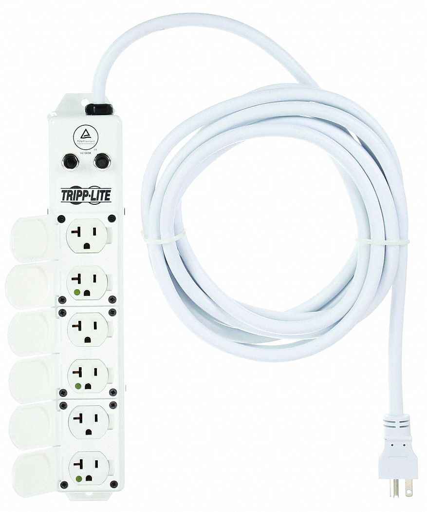 Outlet Strip: 6 Outlets, 15 ft Cord Lg, 20 A Max. Amps, White, Hospital Grade NEMA 5-20P
