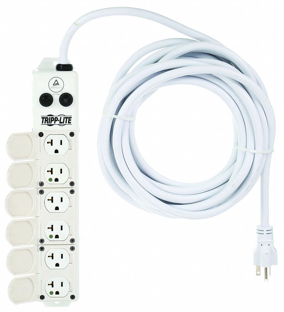 Outlet Strip: 6 Outlets, 25 ft Cord Lg, 20 A Max. Amps, White, Hospital Grade NEMA 5-20P