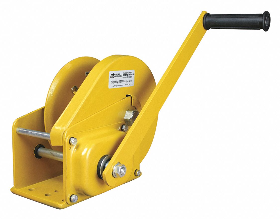 HAND WINCH, LD CAP 1500 LB, YELLOW, 9 23/64 X 6 57/64 X 15 5/16 IN, STEEL