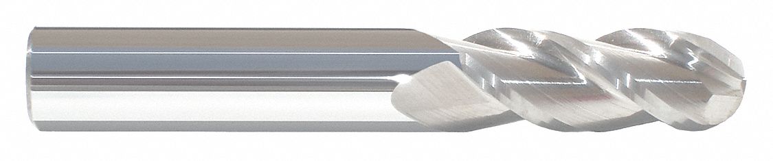 Ball End Mill: Carbide, 3 Flute, 1/2" Mill Dia, 1-1/4" LOC, 3" OAL, List 283