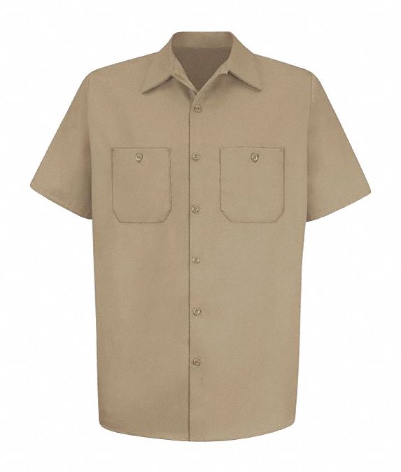 Mns Ss Khaki Dp Cotton Workshirt, XL: Men's, Short Sleeve, Tall, 17 1/2 in Neck Size, Tan