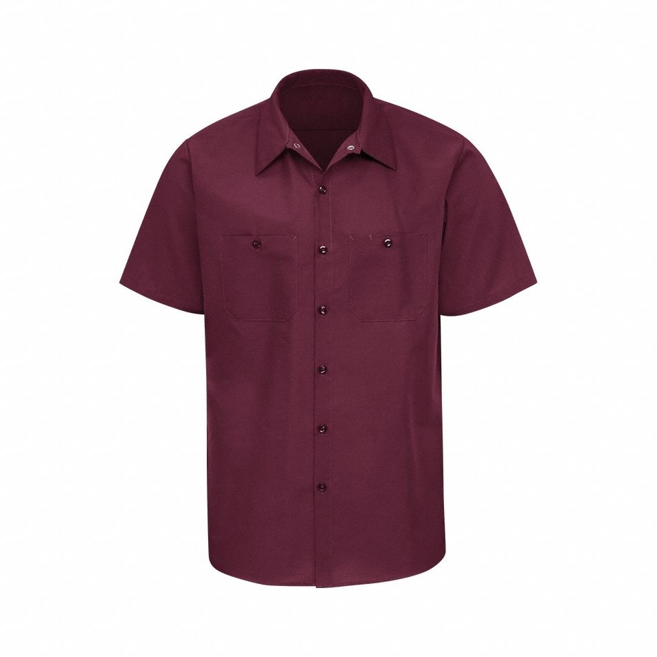 Mens Ss Burgundy Poplin Work Shirt, L: Men's, Short Sleeve, Regular, 16 1/2 in Neck Size