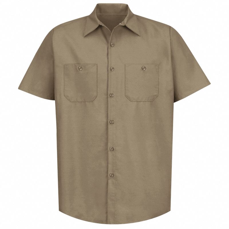 Mens Ss Khaki Poplin Workshirt, S: Men's, Short Sleeve, Regular, 14 1/2 in Neck Size, Khaki