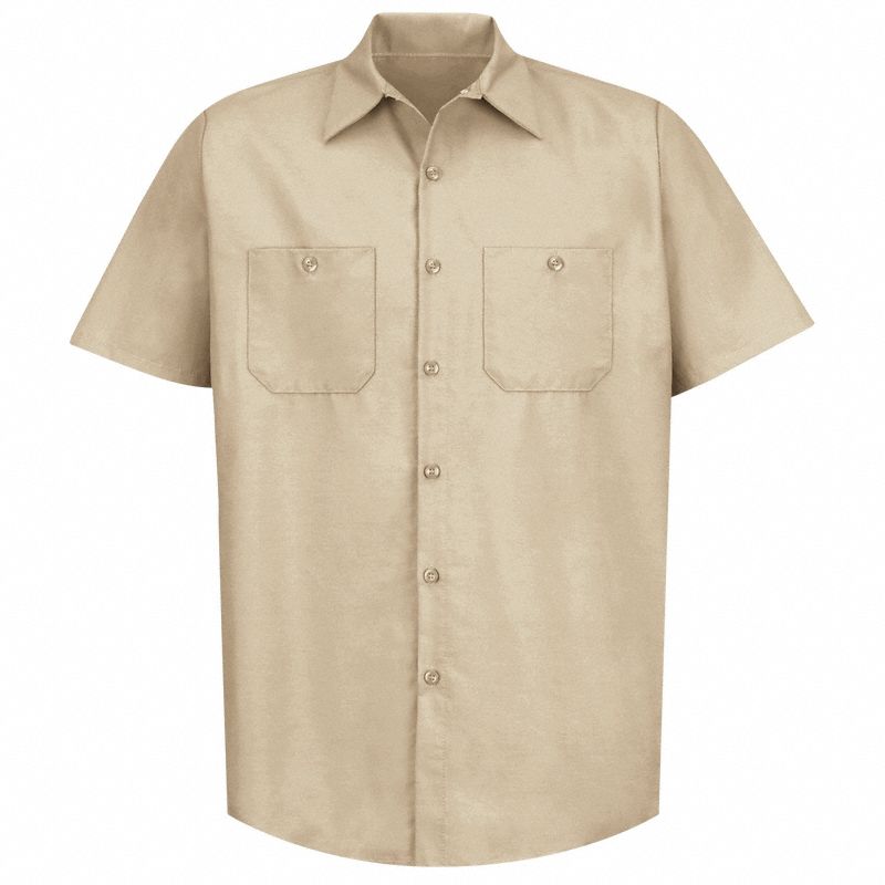 Mens Ss Lt Tan Poplin Work Shirt, S: Men's, Short Sleeve, Regular, 14 1/2 in Neck Size, Tan
