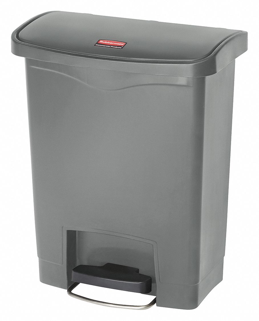 Step-On Trash Container: Plastic, 8 gal Capacity, Gray
