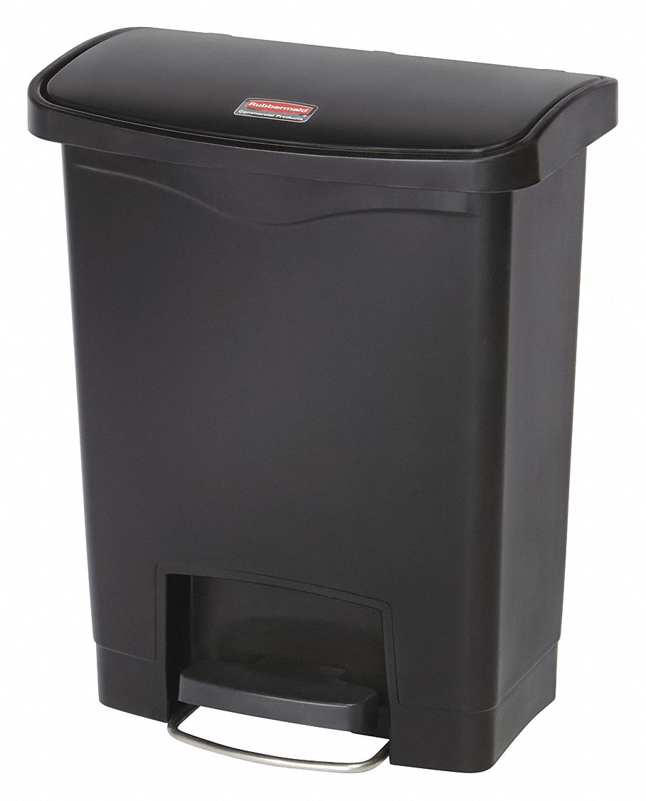 Step-On Trash Container: Plastic, 8 gal Capacity, Black