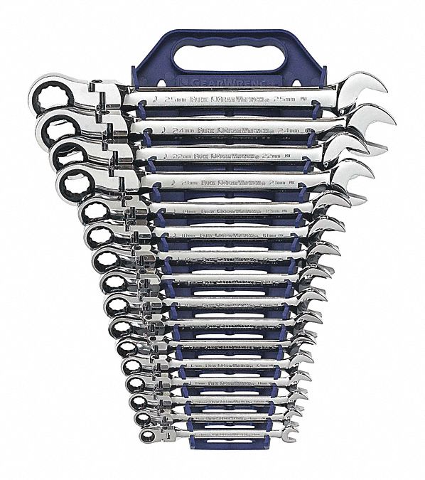 COMBINATION WRENCH SET, ALLOY STEEL, FLEXIBLE HEAD, METRIC, FULL POLISH CHROME, 15 °  OFFSET, ANTI-SLIP DESIGN, 9.00 LB