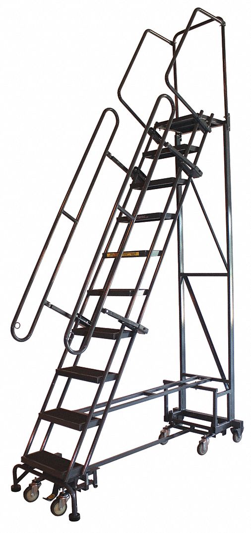 Rolling Ladder: 7.5 ft Platform Ht, Unassembled, Steel, Wt-Actuated Step Lock, Antislip