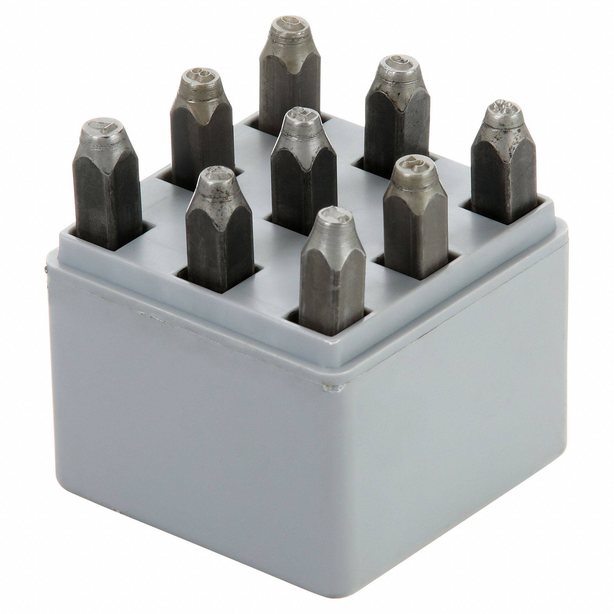 Hand Stamp Kit: 0 thru 9 (6 doubles as 9), 1/8 in Character Ht, 2 1/2 in Shank Lg, Steel