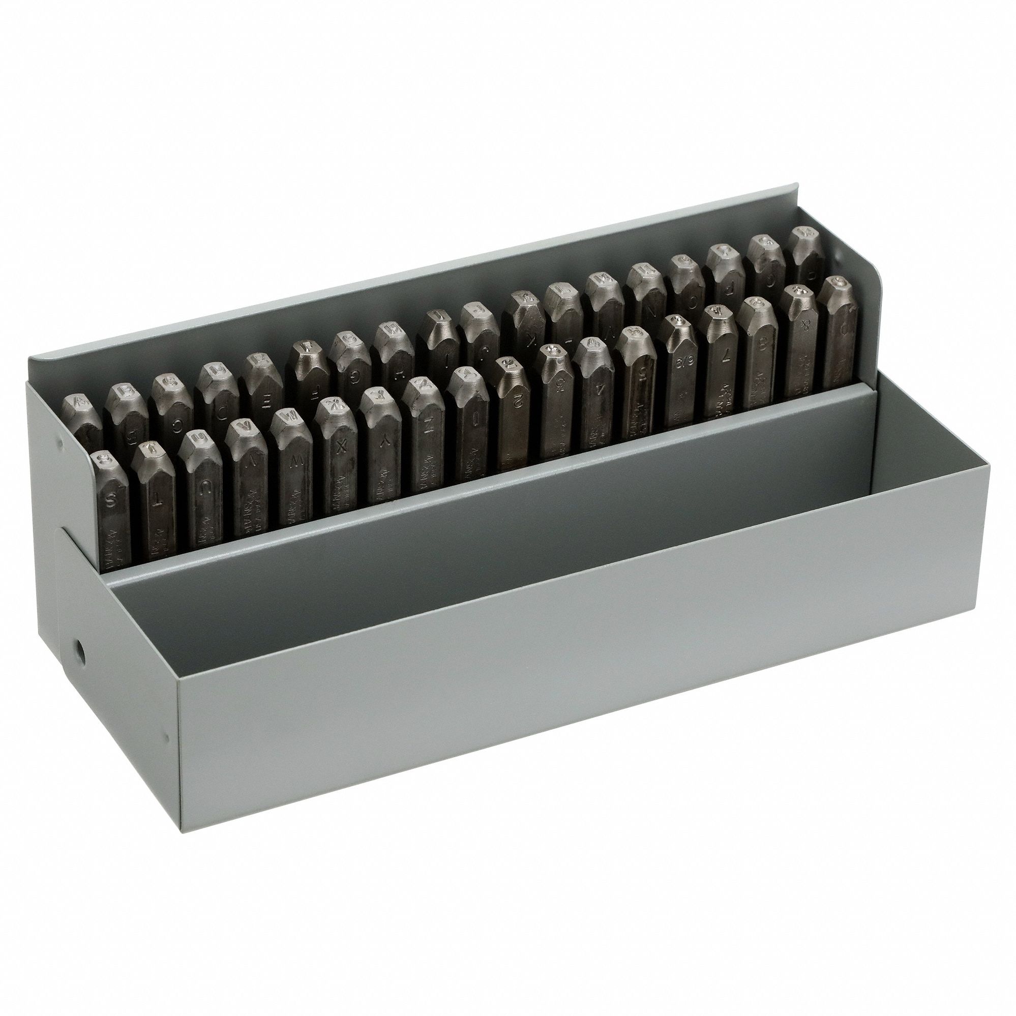 Hand Stamp Kit: 0 thru 9 (6 doubles as 9)/Ampersand (&)/A thru Z, 1/8 in Character Ht