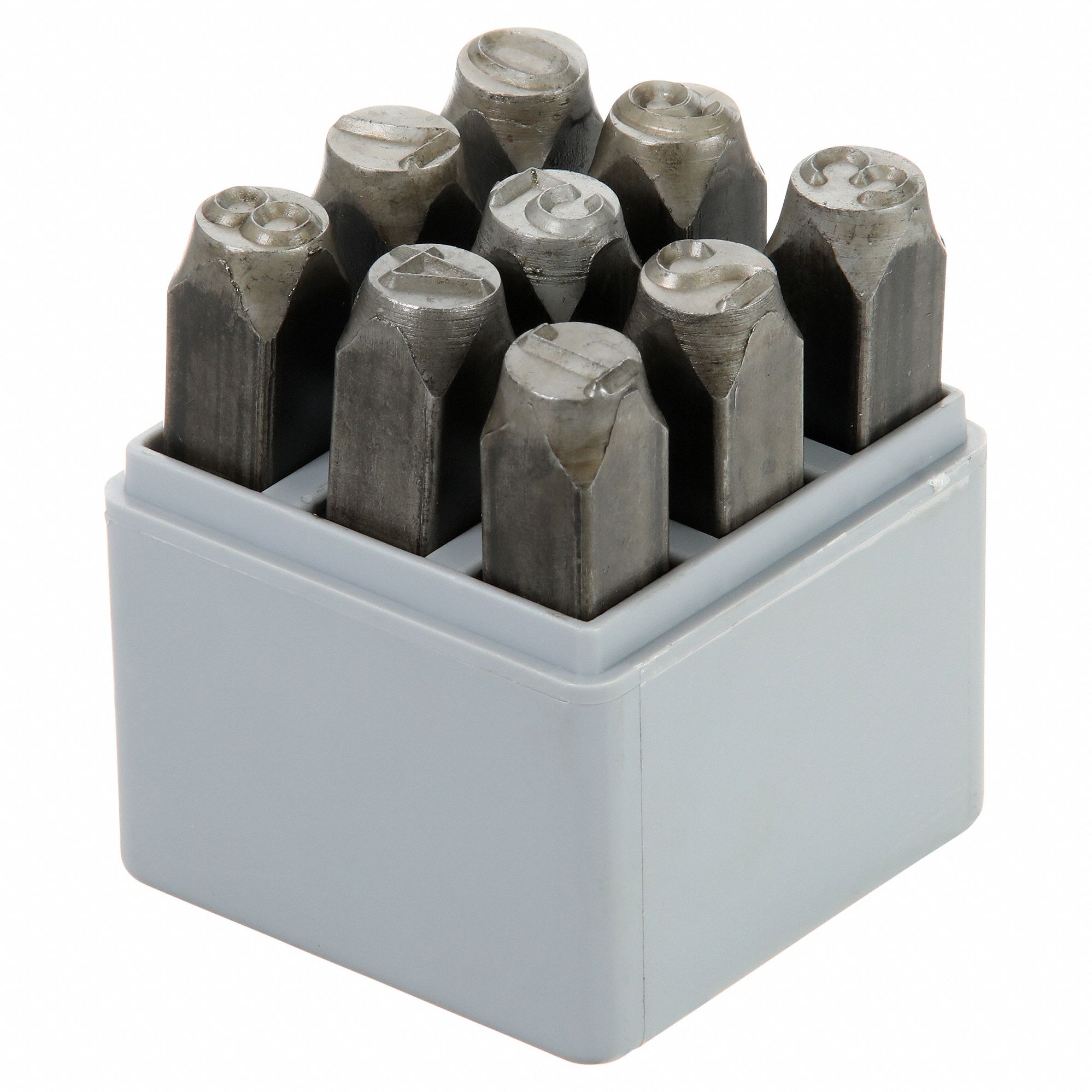 Hand Stamp Kit: 0 thru 9 (6 doubles as 9), 3/8 in Character Ht, 3 1/8 in Shank Lg, Steel