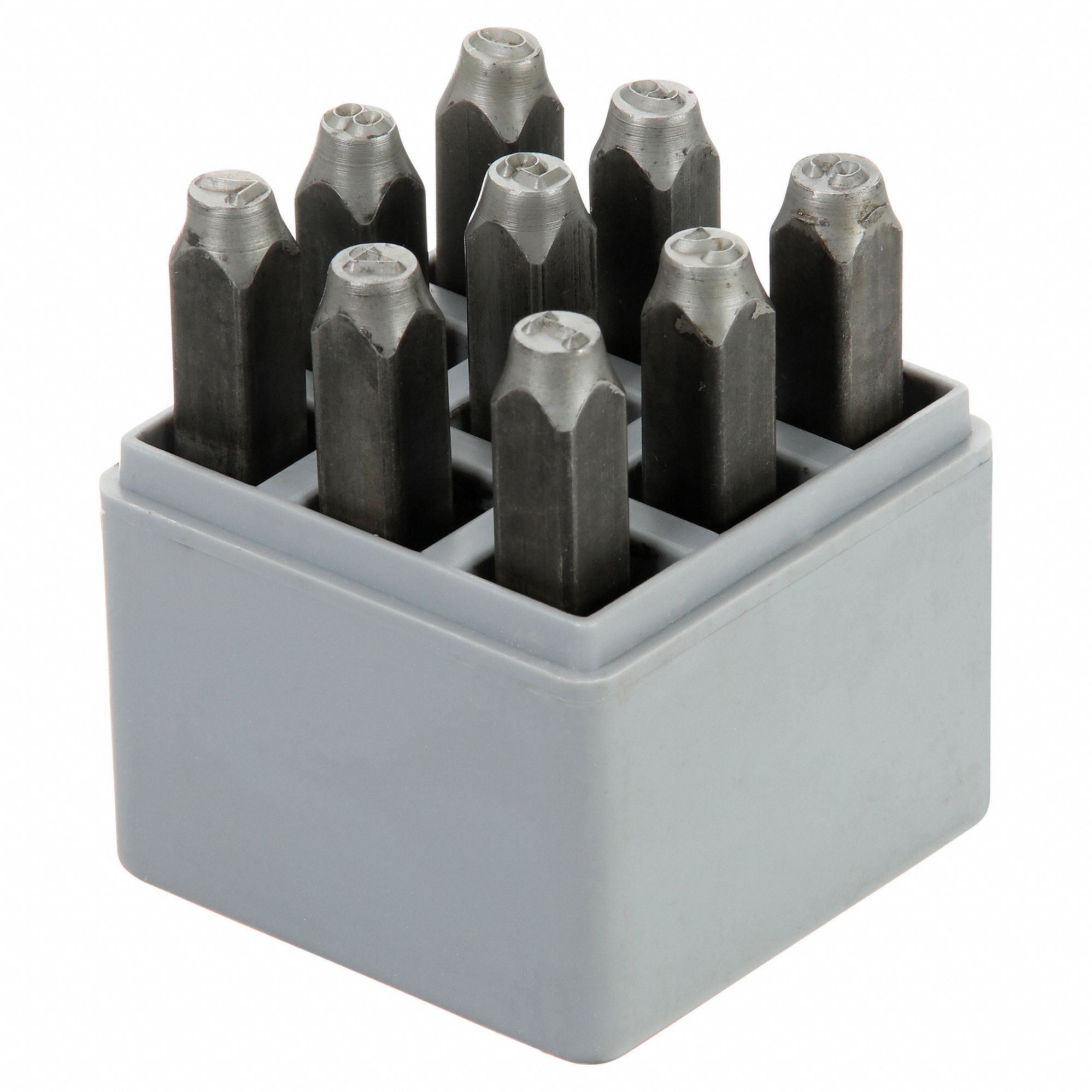 Hand Stamp Kit: 0 thru 9 (6 doubles as 9), 3/16 in Character Ht, 2 3/4 in Shank Lg