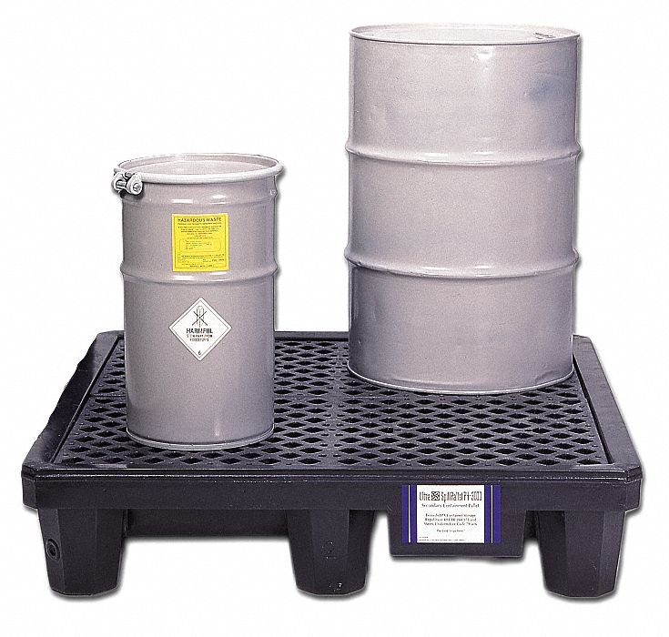 ULTRA SPILL PALLET, ECONOMY MODEL, FOR 4 DRUMS, 66 GAL CAPACITY, BLACK, 4-WAY