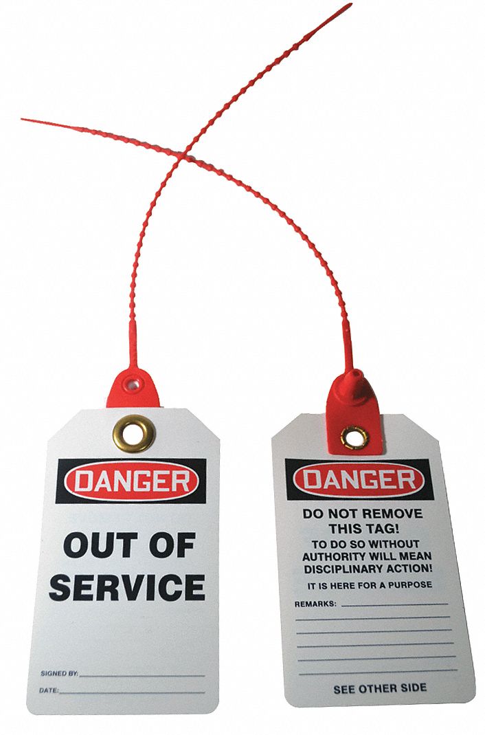 Tag: Danger, 2 7/8 in Wd, 5 3/4 in Ht, White, Rectangle, PVC, Indoor/Outdoor, English, 10 PK
