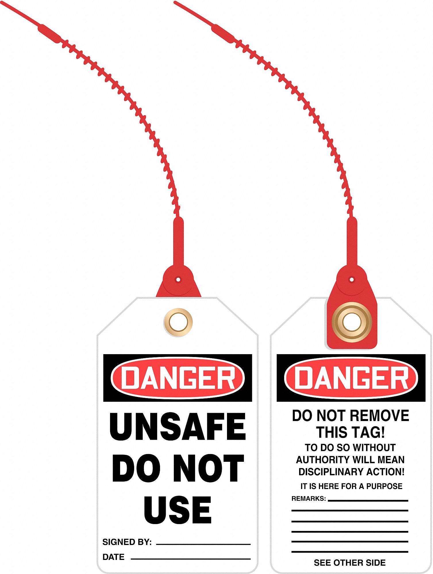 Loop n Lock Danger Tags: #7 Tag Size, White, Single Part Tag, Attached Strap, 10 Tags, 10 PK