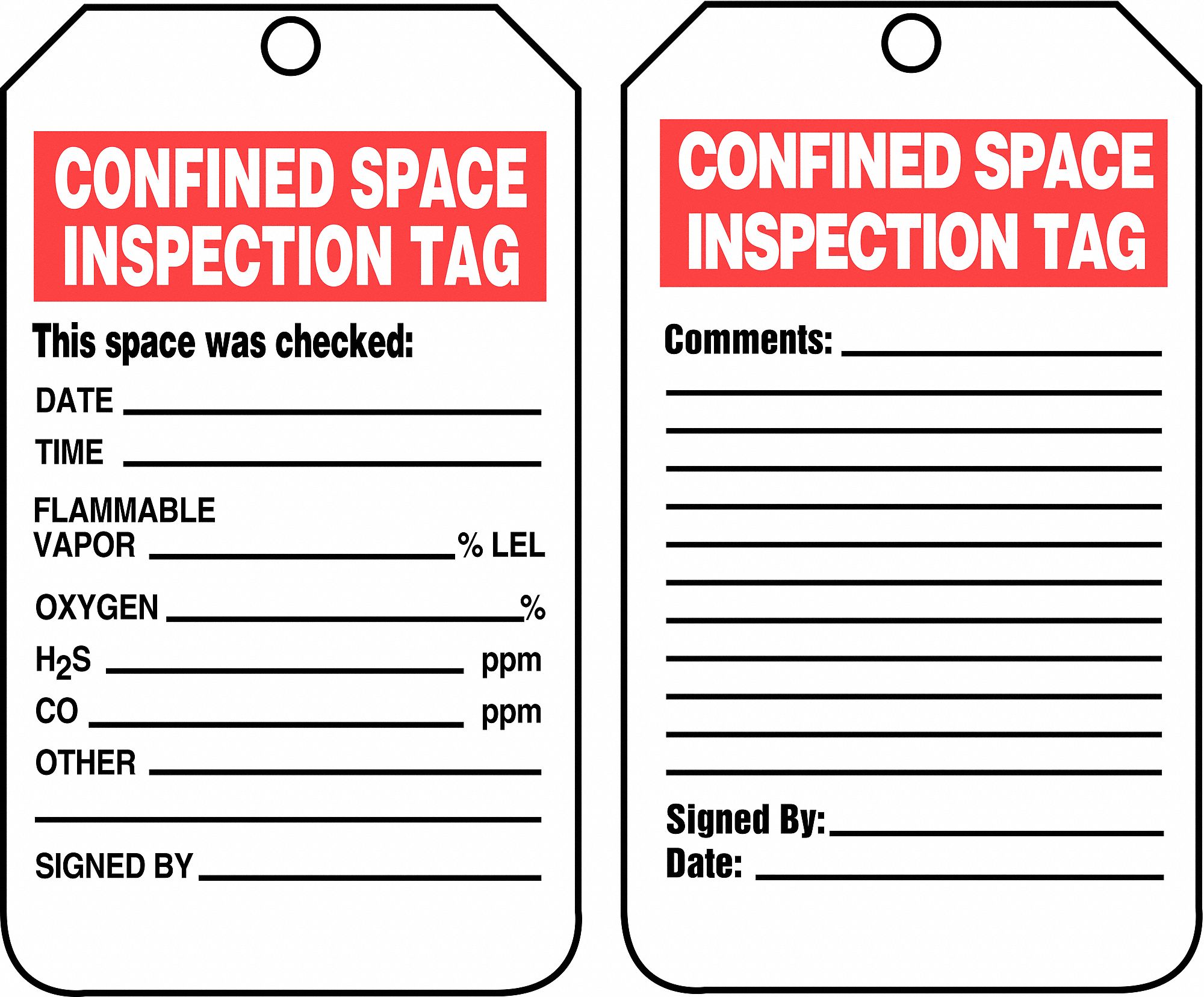 Tag: Confined Space Inspection Tag, 3 1/4 in Wd, 5 3/4 in Ht, White, Rectangle, Cardstock, 25 PK
