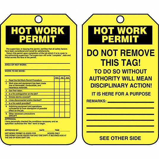 Pack of 5 5.75 Length x 3.25 Width x 0.015 Thickness Accuform TCS372PTM RP-Plastic Confined Space Tag LegendHot Work Permit 5.75 Length x 3.25 Width x 0.015 Thickness LegendHot Work Permit Black on Yellow