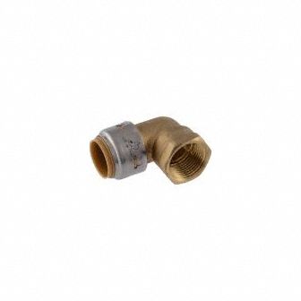 Push-Fit Elbow Fitting: 3/4 in Pipe x 3/4 in Pipe Size, Push-to-Connect x FNPT, Brass