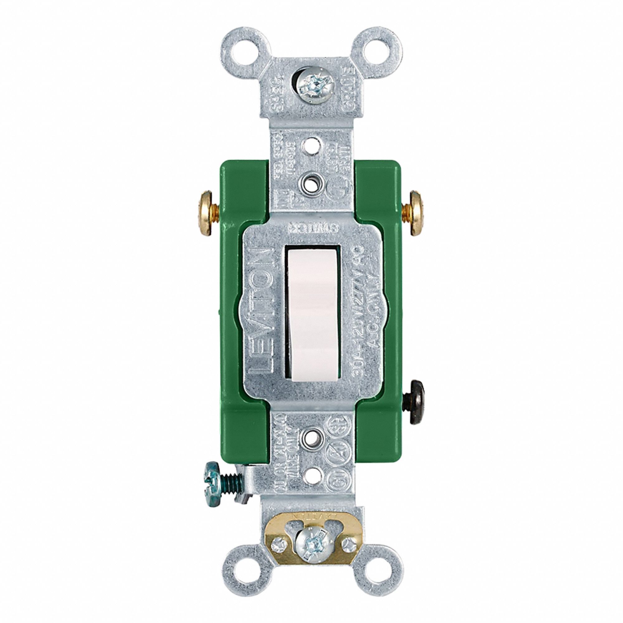 LEVITON Wall Switch: Toggle Switch, 3-Way, Maintained, White, 120/277V AC, 30 A (MPN 3033-2W). Key specifications — Illuminated: No; Voltage Rating: 120/277V AC.