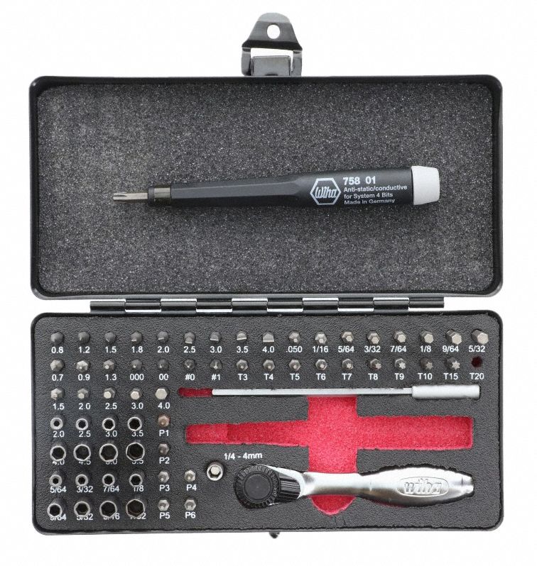 WIHA TOOLS Ratchet MultiBit Screwdriver Set 62 Tips, 6 3/4 in Overall Lg, Knurled