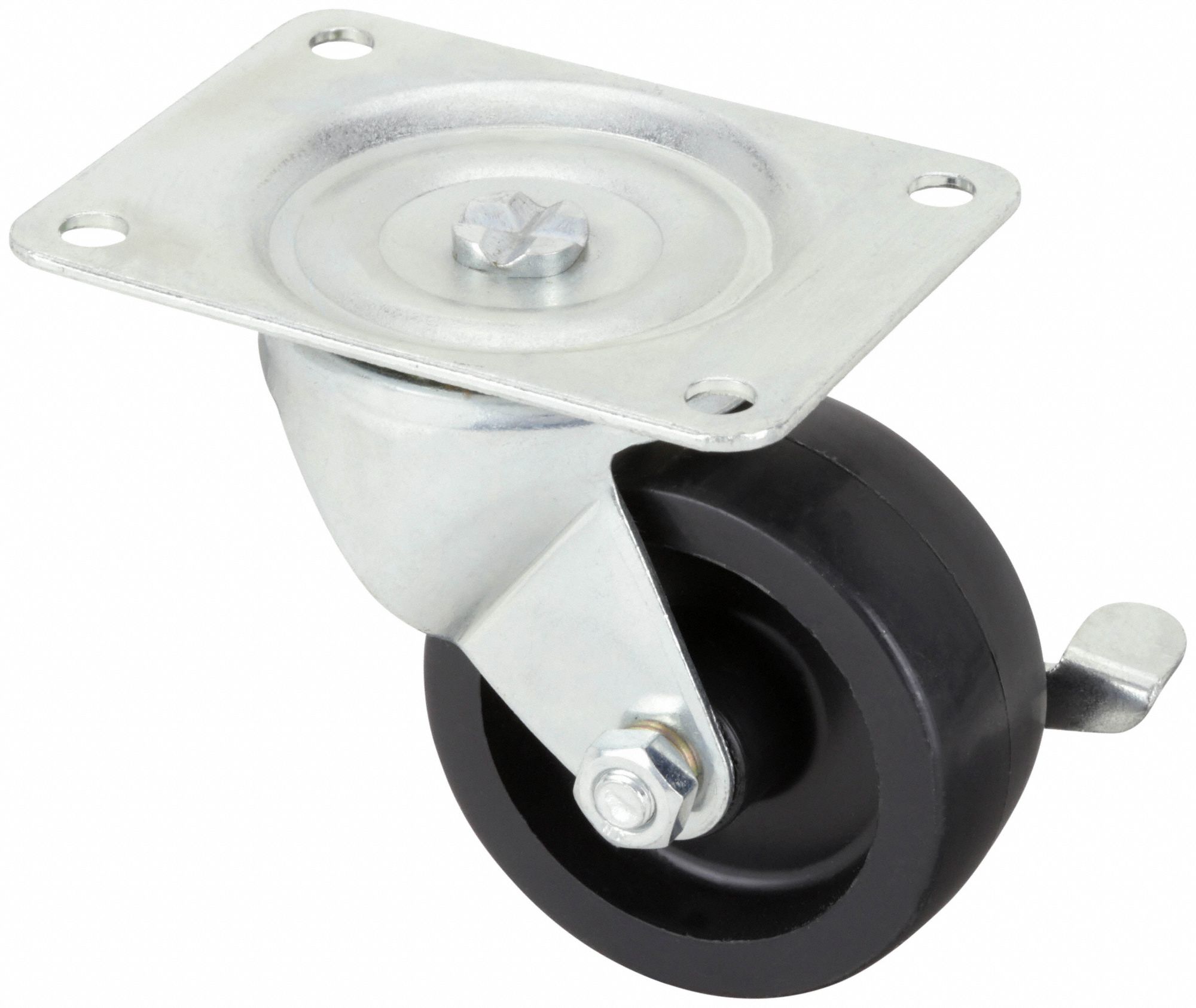 Plate Caster: Swivel, Side Brake, Polypropylene, 3 in Wheel Dia, 1 1/4 in Wheel Wd