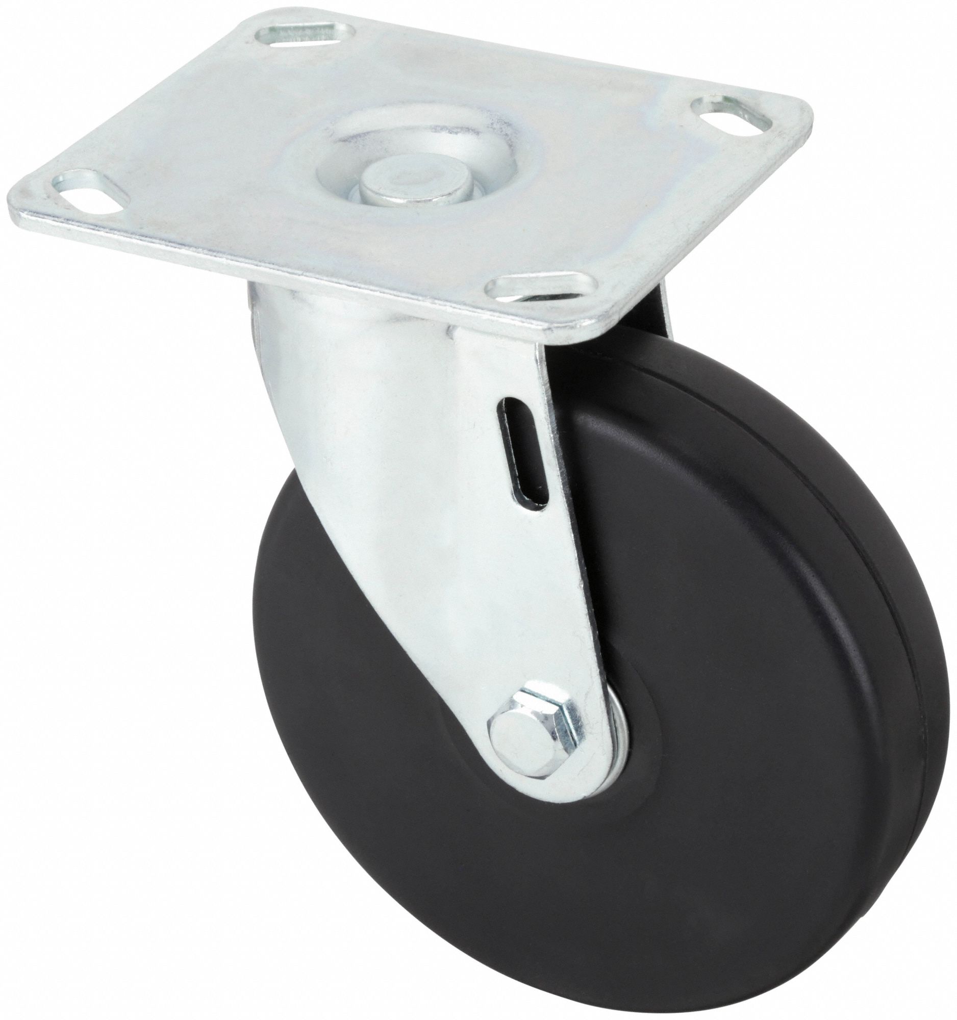 Plate Caster: Swivel, No Brake, Rubber, 5 in Wheel Dia, 1 1/4 in Wheel Wd, Slot
