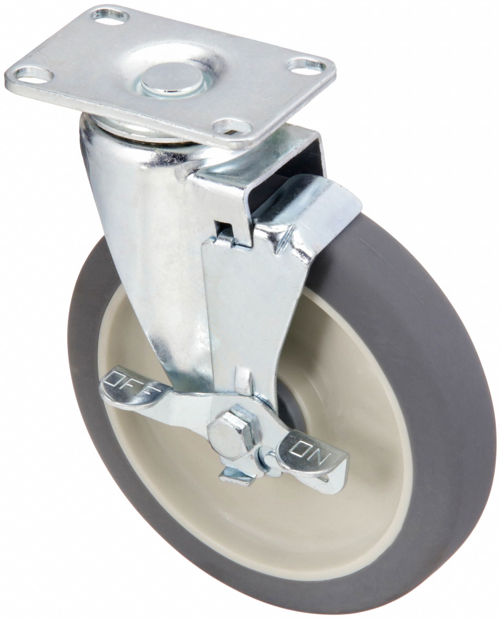Plate Caster: Debris-Resistant, Swivel, Rubber, 6 in Wheel Dia, 1 1/4 in Wheel Wd
