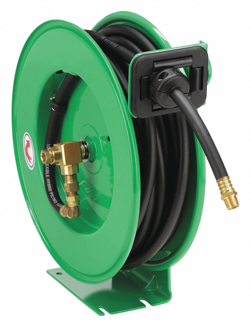 Spring Return Hose Reel: 50 ft (1/2 in I.D.), 1/2 in MNPT, 300 psi Max Op Pressure, Brass, Green