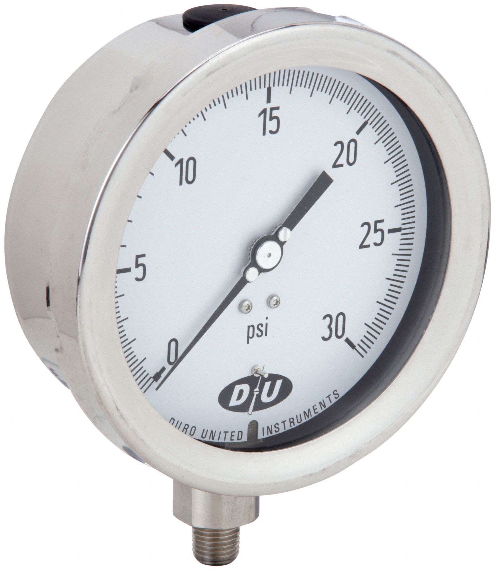 INDUSTRIAL PRESSURE GAUGE, 0 PSI TO 30 PSI, WHITE, 4 1/2 IN DIAL, 1/4 IN NPT MALE, BOTTOM, 20