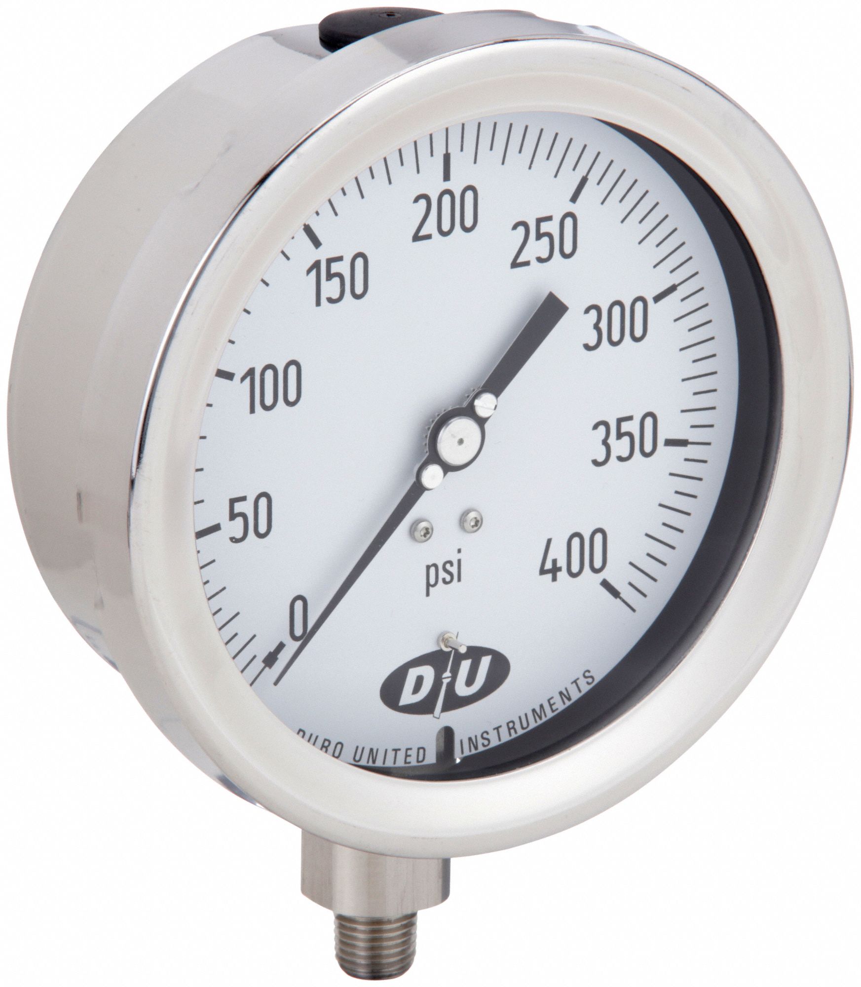 INDUSTRIAL PRESSURE GAUGE, 0 PSI TO 400 PSI, WHITE, 4 1/2 IN DIAL, 1/4 IN NPT MALE, BOTTOM, 20