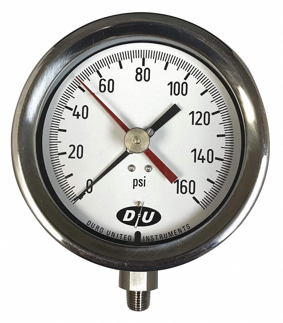 DURO Pressure Gauge, 0 to 500 psi Range, 1/4 in MNPT, +/-0.50% Gauge ...