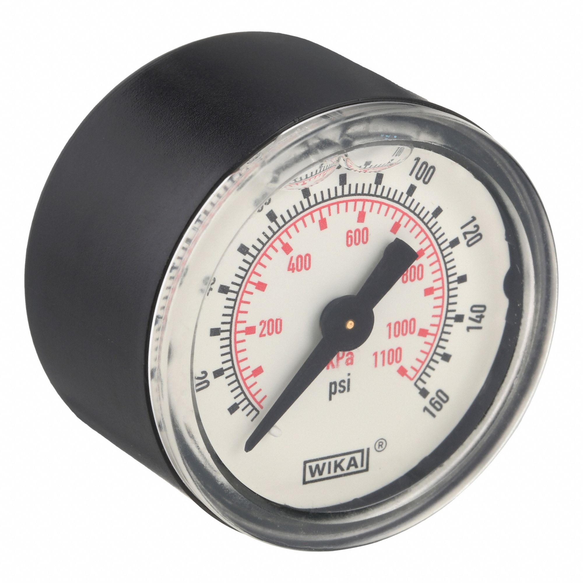 Commercial Pressure Gauge: 0 psi / Hg to 160 psi, 1 1/2 in Dial, 1/8 in NPT Male, Center Back